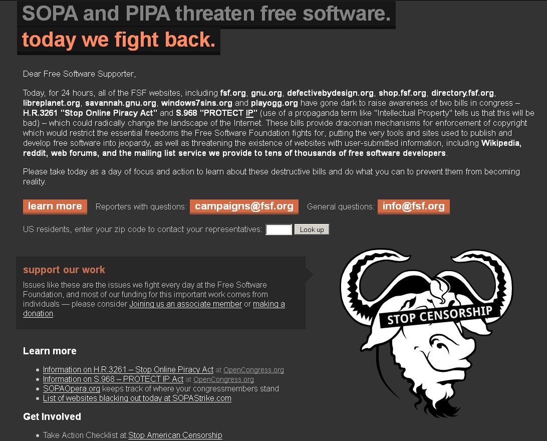 GNU contra las leyes SOPA y PIPA