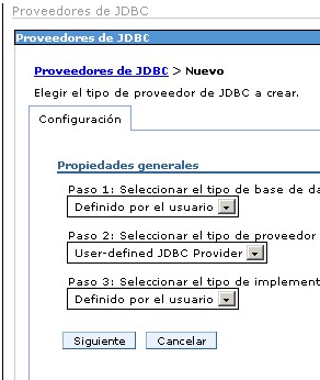 datos proveedor JDBC Websphere