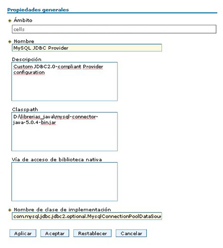 configuracion proveedor JDBC Websphere